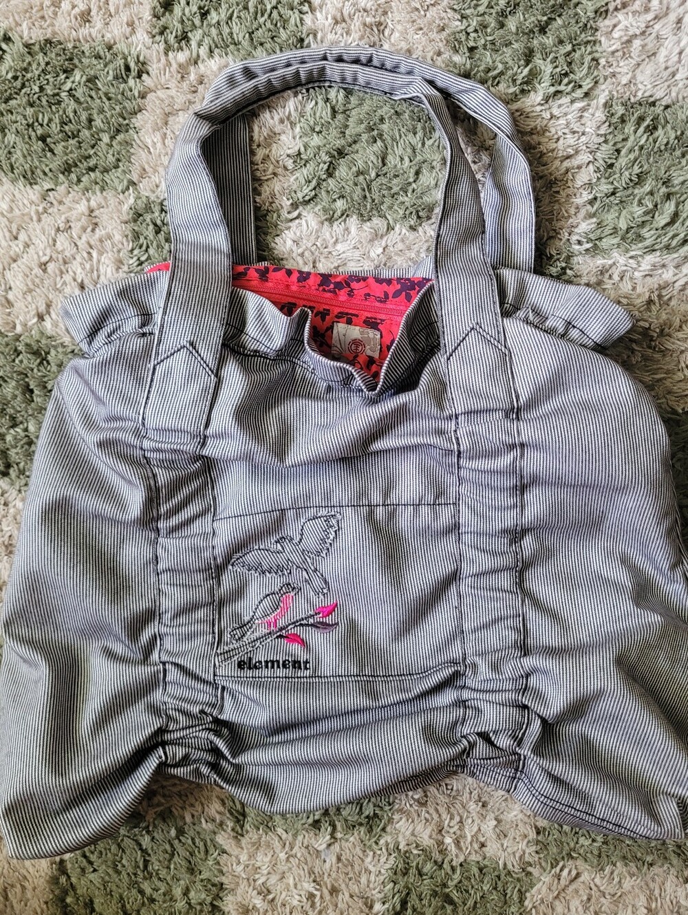 Element Striped Gray Tote Bag with Bird & Red Accent